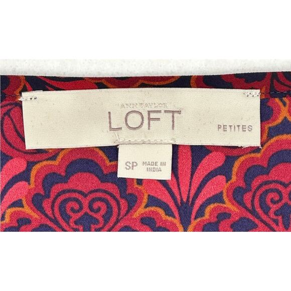 Loft Petites Red Burgundy Floral Round Neck Pleated Front Cap Sleeve Top SP - Picture 5 of 7